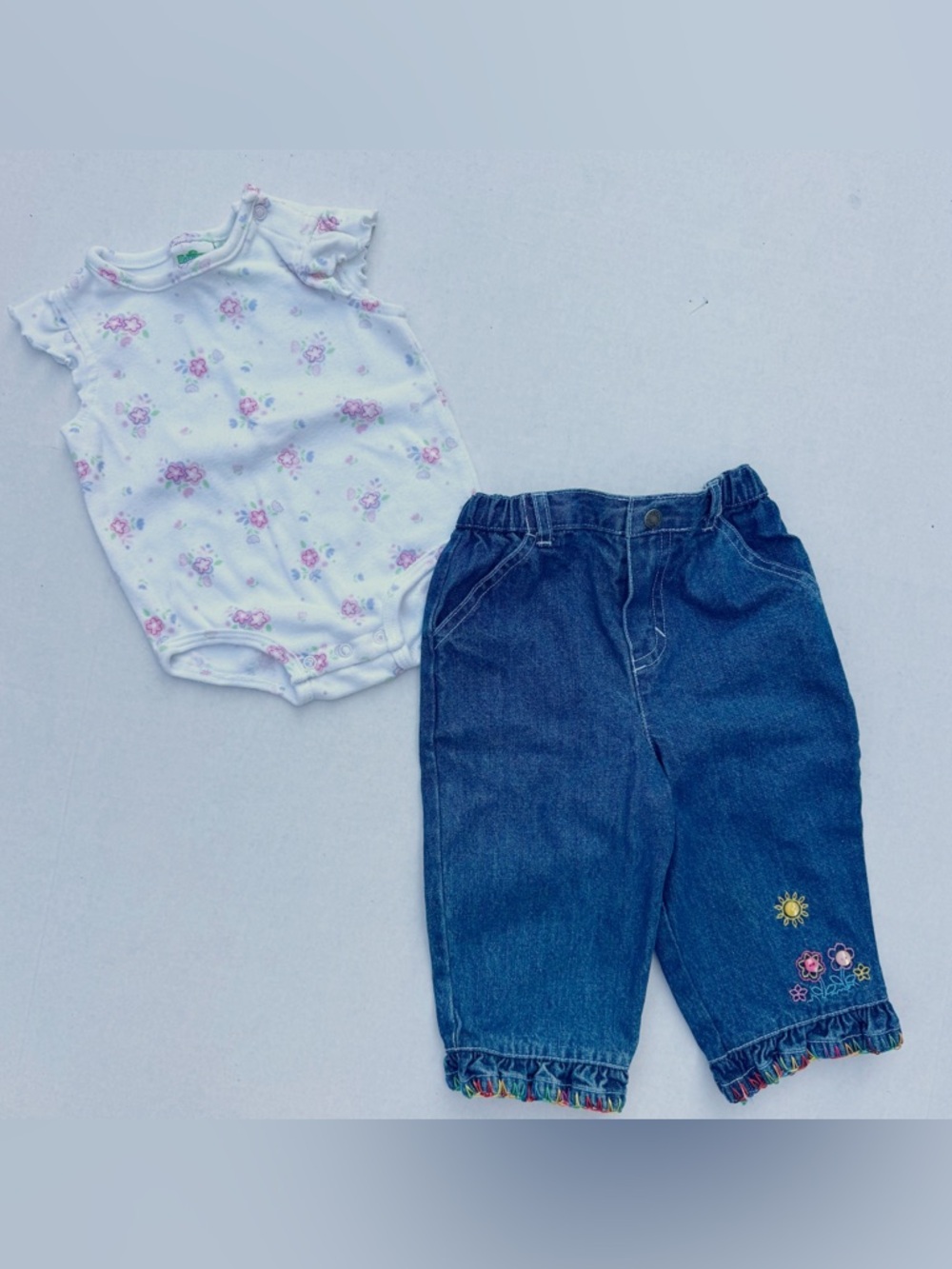 Vintage Sesame Street Baby Girl Outfit Set 3/6 6/9M Floral Onesie Denim Pants